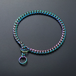 Macro detail of 10mm rainbow cuban link stainless steel dog collar with O-ring clasp