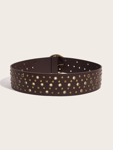 Detail of dark brown PU leather belt with brass rivets, metal eyelets and a classic pin buckle