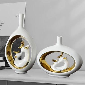 Modern white ceramic elk vases set with gold antlers for home decor ornaments