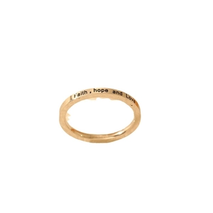 Elegant gold titanium steel ring engraved with Faith, Hope and Love in a minimalist style
