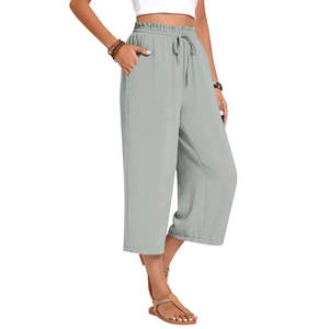 Women's light grey linen wide-leg trousers with high elastic drawstring waist and pockets