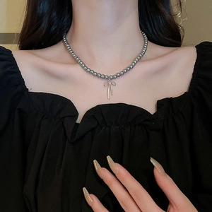 French vintage dark grey pearl choker necklace with elegant silver bow pendant for women