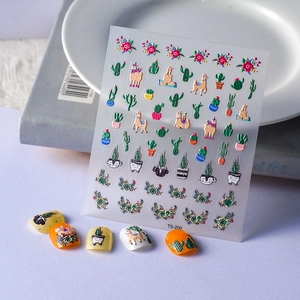 5D Embossed Nail Stickers Alpaca Cactus Flower Designs Self Adhesive Relief Nail Art Decorations Cartoon DIY Accessories