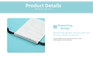 Detail of white cotton jewelry pouch showing secure black drawstring closure design