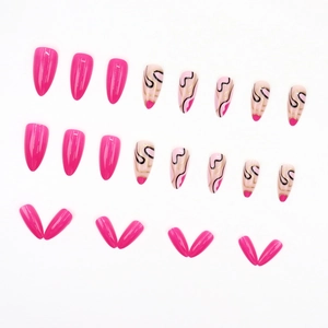 Almond press-on nails with hot pink polish and artistic black and gold swirling patterns