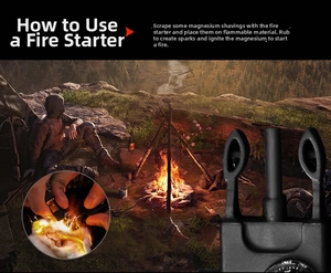 Outdoor survival kit detail showing flint fire starter magnesium rod and compass tool