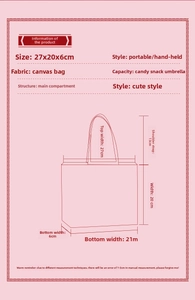 Detailed size chart for red canvas gift bag showing dimensions of 27x20x6cm for wedding favors