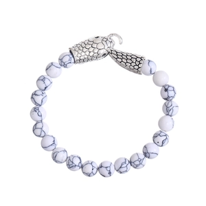 Bracciale da uomo con perline di turchese bianco 8mm e chiusura a testa di serpente