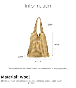Detailed size specifications of the yellow plaid woolen tote bag with interior pockets