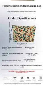 Linen cosmetic bag with colorful feather print showing 17x25cm size dimensions and details