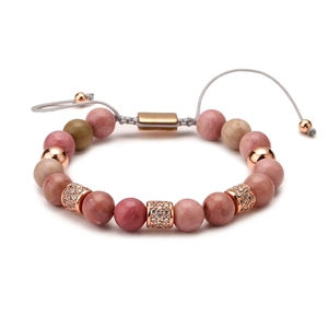 Handmade natural agate beaded bracelet with rose gold pavé charms and woven cord