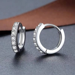 Sparkling silver huggie earrings with pavé set crystals for women, premium minimalist style