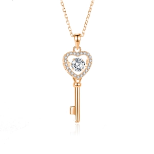 Elegant rose gold heart-shaped key pendant necklace with sparkling pavé moissanite stones