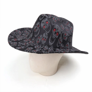 Black jazz fedora with skull prints and red glitter eyes for Halloween party