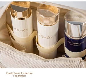 Close-up of elastic straps and mesh pockets inside the beige hanging toiletry bag