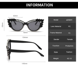 Detailed dimension guide for cat-eye sunglasses with sparkling rhinestone embellishments