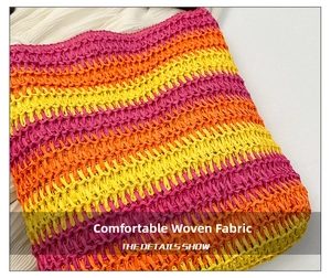 Close-up of the handcrafted rainbow woven fabric with pink and orange stripes