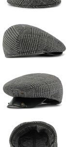 Detailed views of gray plaid flat cap with leather brim and warm quilted lining