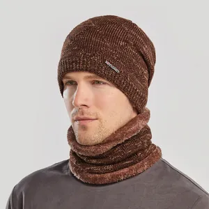 Winter knit beanie and neck warmer set with thermal fleece lining in brown melange