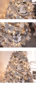 Detail of silver and white Christmas tree ornaments with warm LED fairy lights