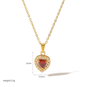 Detail showing red heart zircon pendant dimensions 13mm by 9.5mm on 18K gold chain