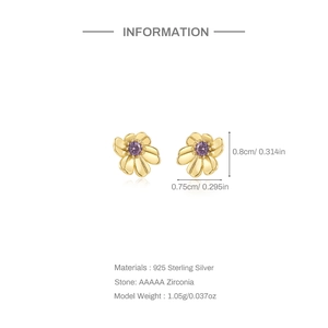 Macro detail of S925 silver flower stud earrings with purple zircon and dimensions