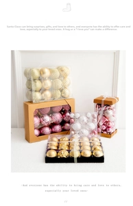 Detailed view of assorted gold and white Christmas ornaments in window gift boxes