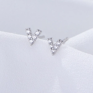 Elegant S925 sterling silver V-shape stud earrings with shimmering zircon stones