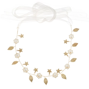 Minimalist bridal hair band with gold stars, leaves and pearls on white background