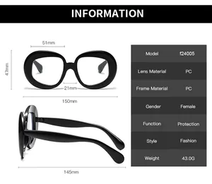 Size information and technical specifications for large round frame female eyeglasses