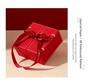 Detail of red jewelry gift box with embossed patterns and gold-printed Best Wishes ribbon