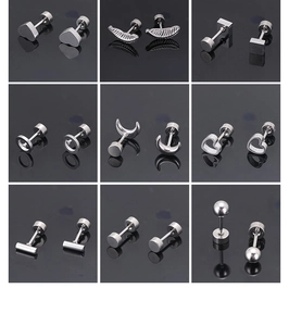 Various styles of unisex stainless steel geometric stud earrings displayed in a grid
