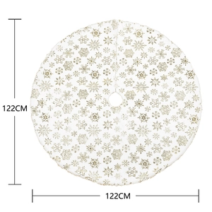 White plush Christmas tree skirt with gold foil snowflakes, 122cm diameter flat view