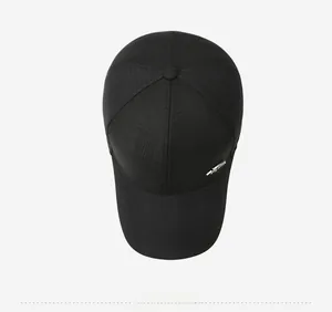 Top view of a black cotton baseball cap with subtle plaid texture and metal side plate
