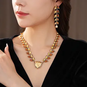 Bijoux Vintage Feuille D'épi De Blé En Alliage Strass Collier Et Boucles D'oreilles Avec Tige En Argent Pour Femmes