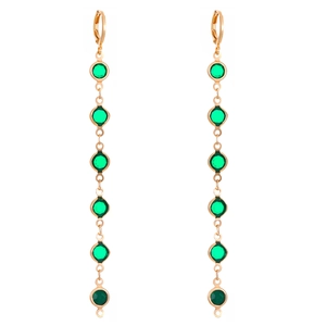 Elegant gold drop earrings featuring six green round gemstones in a vertical tassel design