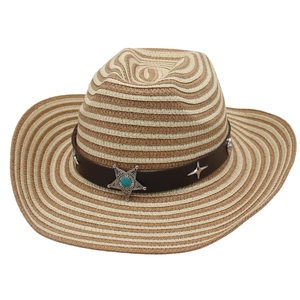 Classic straw cowboy hat with leather band and turquoise stone detail for beach travel