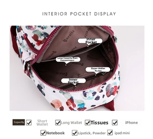Detail of nylon backpack interior showing waterproof lining and organized compartments