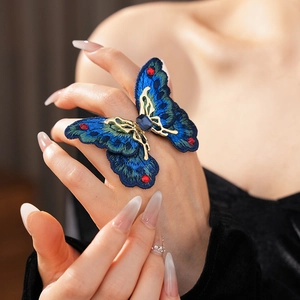 Detailed close-up of a vintage butterfly ring with blue embroidery and crystals