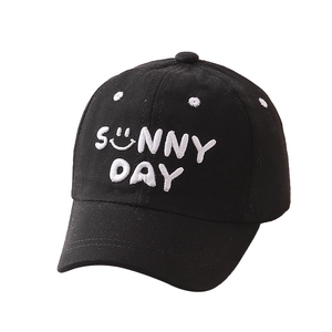 Kids black cotton baseball cap featuring white Sunny Day embroidery with a smiley face