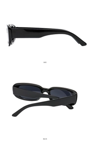 Side and back view of classic black rectangular sunglasses with glossy finish