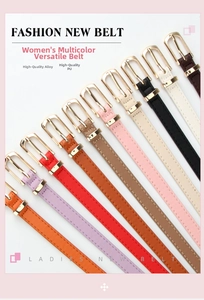 Flat lay of colorful PU leather skinny belts for women featuring polished alloy buckles