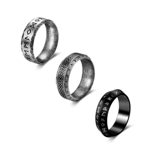 Bagues vikings nordiques en acier inoxydable avec runes en finitions argent et noir