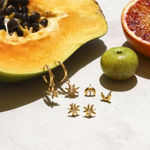 Golden sun and moon earring set displayed with tropical fruits for vacation vibes