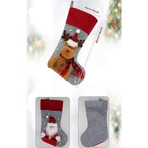 Set of 18-inch grey and red Christmas stockings with 3D reindeer and Santa Claus applique