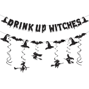 Halloween Drink Up Witches banner set with black glitter bat and witch hat hanging swirls