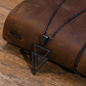Men's black geometric interlocking triangles necklace on leather and wood
