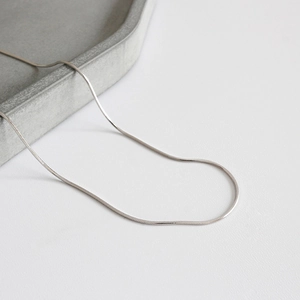 Minimalist S925 sterling silver snake chain necklace on a modern grey cement tray