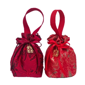 Square wedding candy gift bag with floral embroidery and gold double happiness charm