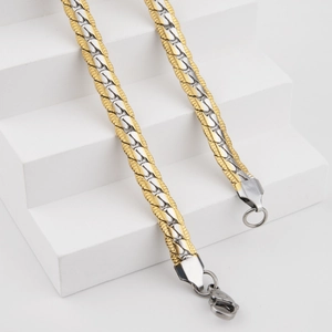 Two-tone gold and silver embossed stainless steel Cuban chain necklace with lobster clasp